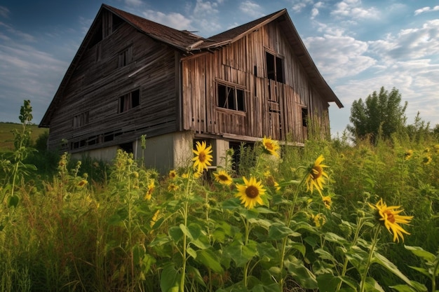 Rustykalna stodoła ze słonecznikami symbolem ciepła i szczęścia stworzona za pomocą generatywnej ai