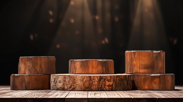 Rustykalne kawałki drewna podium Tło dla perfum, biżuterii i produktów kosmetycznych Widok z przodu Generative Ai