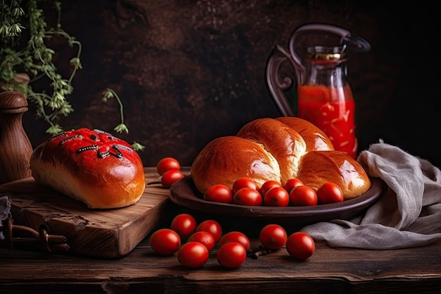 Rustykalne śródziemnomorskie śniadanie z chlebem i pomidorami na drewnianym stole Generative AI