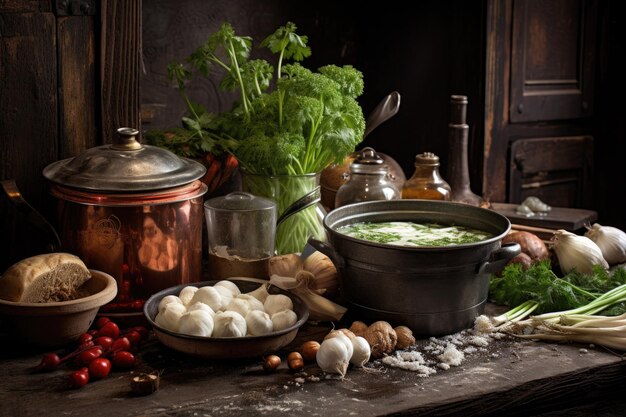 Zdjęcie rustykalne ustawienie kuchni z garnkiem do zupy i składnikami