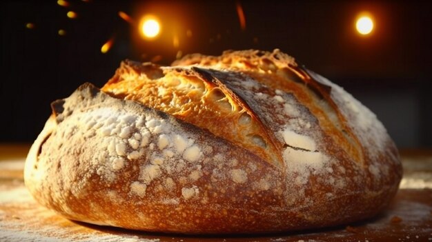 Zdjęcie rustykalny bochenek świeżo wypiekanego chleba na zakwasie z chrupiącą skórką