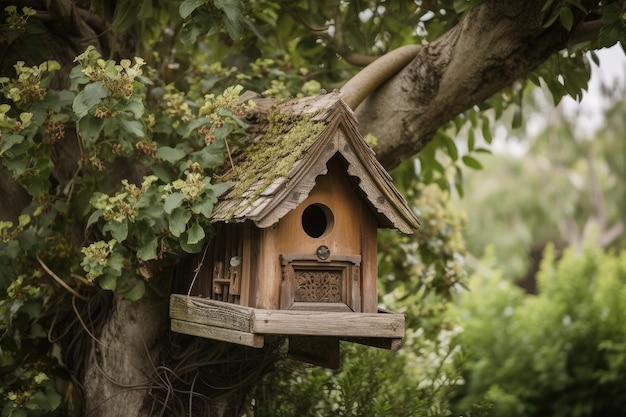 Rustykalny domek dla ptaków na drzewie otoczony bujną zielenią