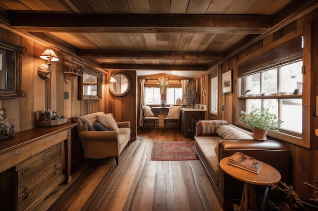 Rustykalny domek z ciepłą drewnianą podłogą, naturalnym światłem i przytulnymi meblami