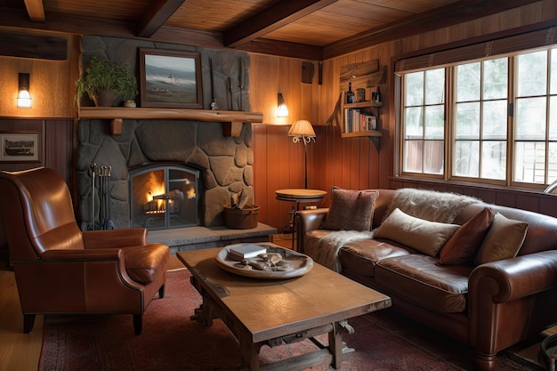 Rustykalny i rustykalny salon z przytulnym kominkiem i skórzaną sofą