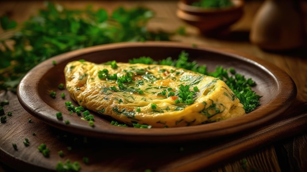 Zdjęcie rustykalny omlet na drewnianym talerzu z pietruszką wygenerowana ai