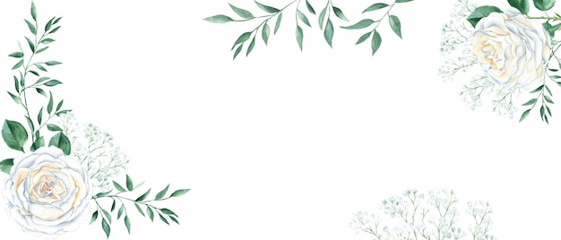 Rustykalny ślub akwarela transparent białe kremowe róże łyszczec zieleni na białym tle