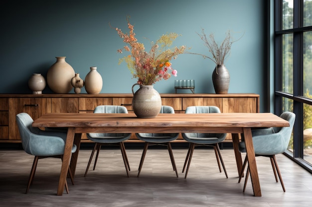 Rustykalny stół jadalny i białe krzesła na tle niebieskiej stiukowej ściany z drewnianą płytą jako dekor ścienny