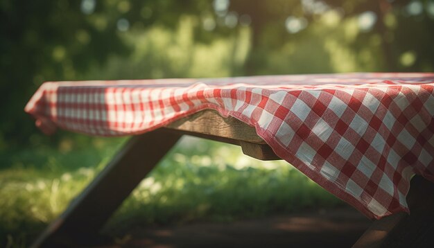 Rustykalny stół piknikowy ustawiony na tle tekstylnej łąki z naturalnym wzorem w kratkę wygenerowanym przez sztuczną inteligencję