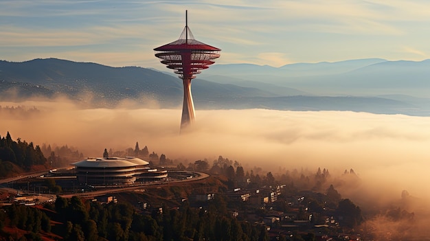Rwanda Kigali w stylu anime Kigali City Tower samotnie we wrześniu na tle mglistego wzgórza