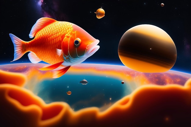Ryba i planeta z planetami w tle