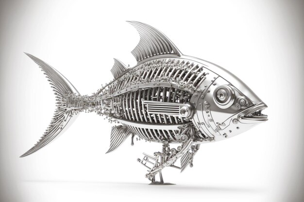 Zdjęcie ryba mechaniczna ze stalową ramą szkieletową izolowaną na białym tle