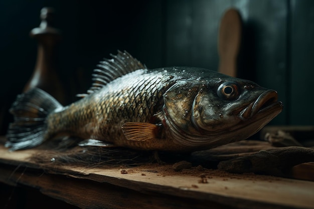 Ryba na desce do krojenia z drewnianą łyżką na boku.