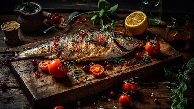 Ryba na desce do krojenia z pomidorami i cytrynami