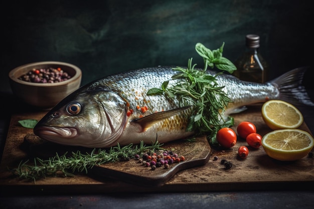 Ryba na desce do krojenia z ziołami i przyprawami.