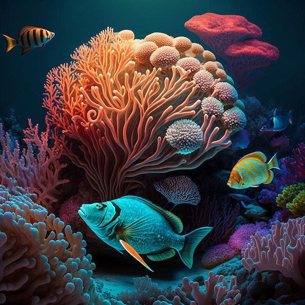 Ryba pływa w niebieskim oceanie z rafą koralową i niebieską rybą
