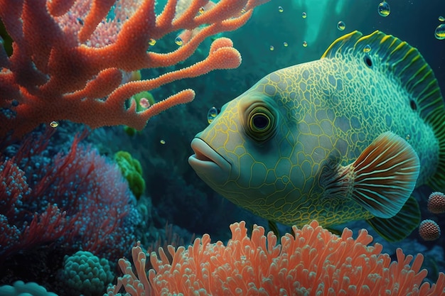Ryba pływa z wdziękiem w rafie koralowej Zoom makro