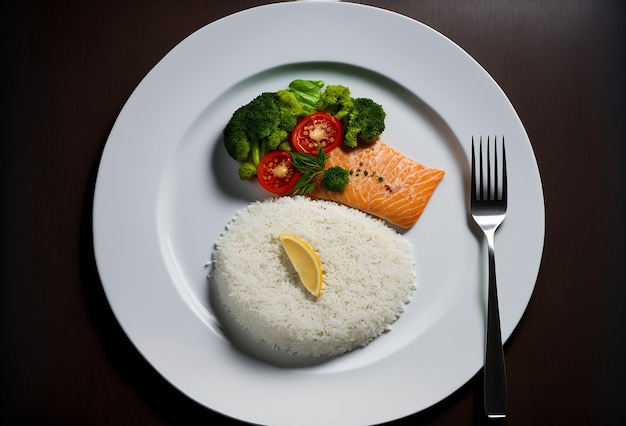 Ryba ryżowa i warzywa sałatkowe na talerzu Generative AI