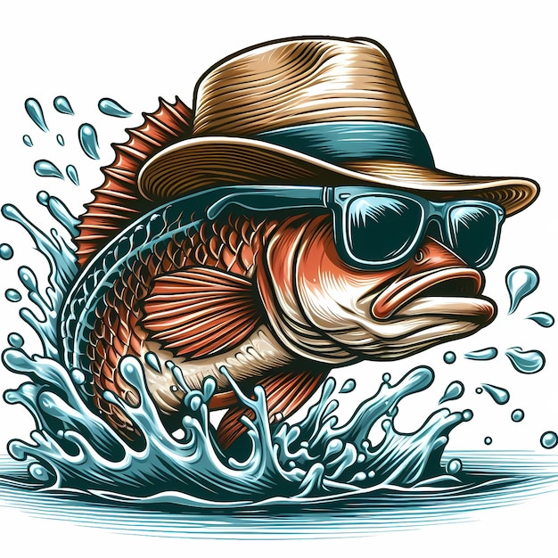 Ryba w kapeluszu i okularach przeciwsłonecznych wyskakuje z wody.