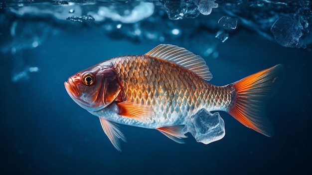 Ryba z czerwonym ogonem i białym ogonem unosi się w wodzie.