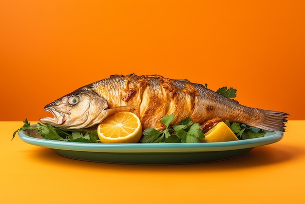 Ryba z grilla w talerzu na żółtym tle