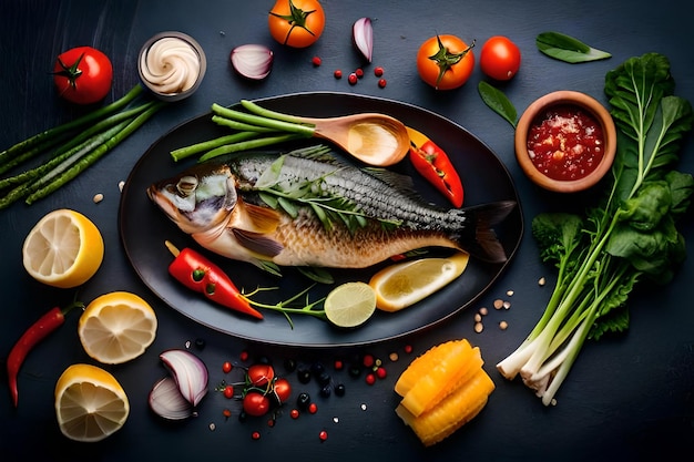 Ryba z warzywami i talerz warzyw na nim