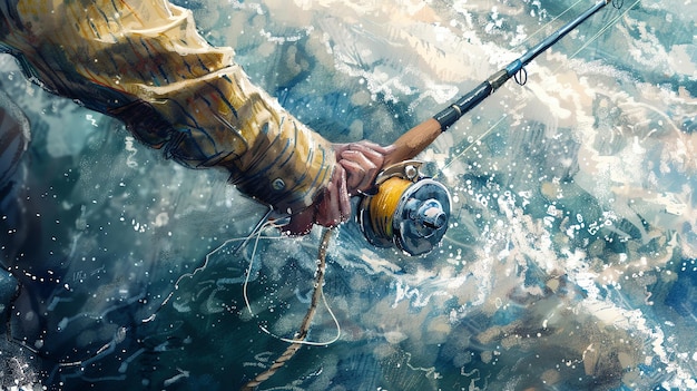 Rybacy trzymają wędkę w wodzie, woda rozpryskuje się wokół ich ręki, rybacy noszą żółto-brązową kurtkę.