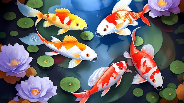 Ryby karp lub ryby koi pływają w kreskówce Podwodny raj urocza pomyślna ilustracja
