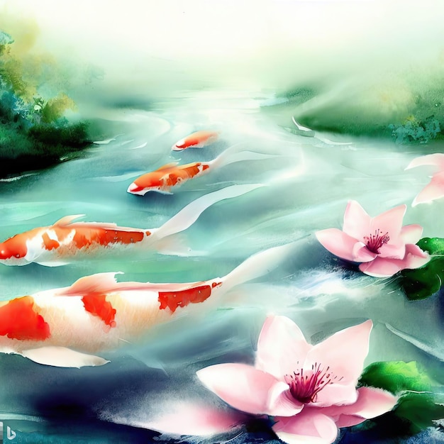 Ryby Koi i kwiaty lotosu w wodzie Obraz akwarelowy