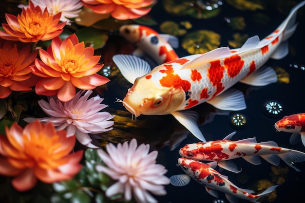 Ryby Koi pływające wśród lilii wodnych, tworząc harmonijną i malowniczą scenę Generacyjna sztuczna inteligencja