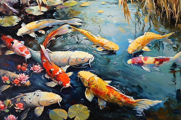 Ryby koi w lekko filtrowanej wodzie Ilustracja w stylu malarstwa olejowego
