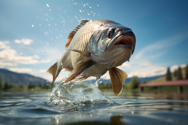 Zdjęcie ryby słodkowodne w wodzie z rozpryskami wody na tle niebieskiego nieba