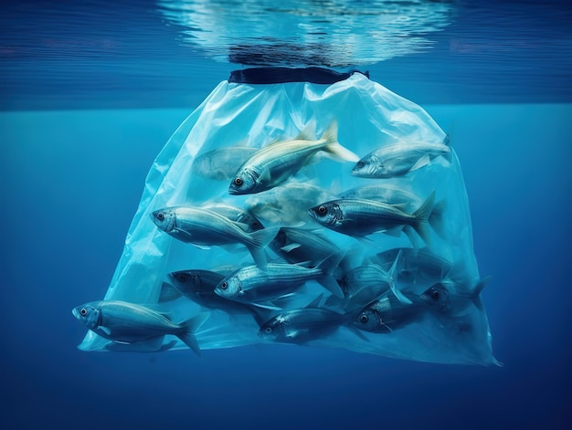 Zdjęcie ryby uwięzione w zanieczyszczeniu toreb plastikowych i plastikowych torebkach na oceanie ai