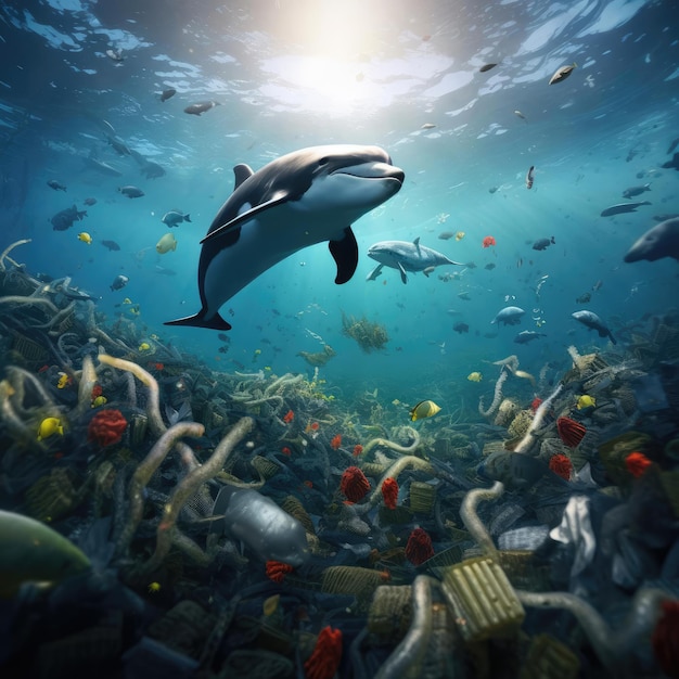 Ryby w śmieciach w oceanie