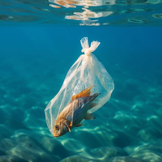 Ryby złowione w plastikowej torbie w morzu generatywnym ai