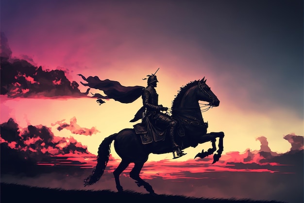Rycerz na smoku Czarny rycerz jadący na smoku latającym pod malowaniem ilustracji w stylu sztuki cyfrowej