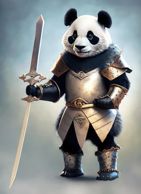 Rycerz panda z dwustronnym mieczem w ręku Ilustracja z kreskówki