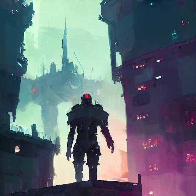 Rycerz Templariuszy W Zbroi Robota Przed Cyberpunkową Strefą Science Fiction Z Futurystycznym Zamkiem
