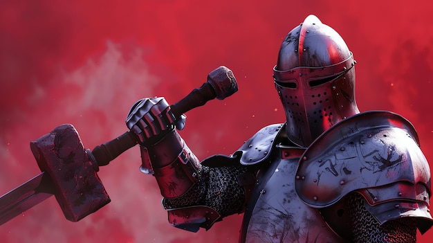 Zdjęcie rycerz w pełnej zbroi jest gotowy do bitwy trzyma duży młot na czerwonym tle