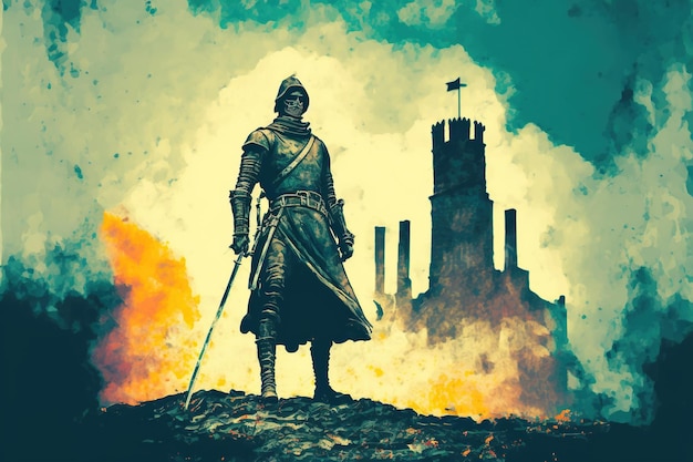 Zdjęcie rycerz z bronią rycerz z dwoma mieczami stojących na gruzach spalonego miasta cyfrowy styl ilustracji malarstwa