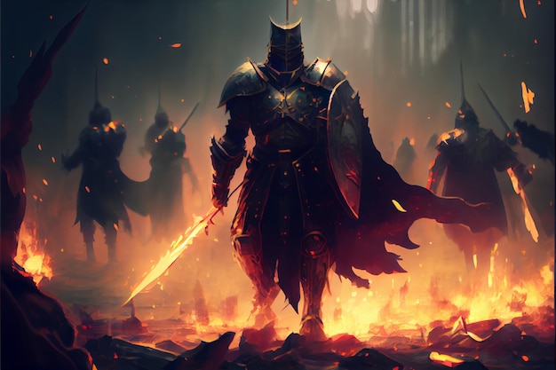 Rycerz z mieczem i peleryną stoi przed ogniem.