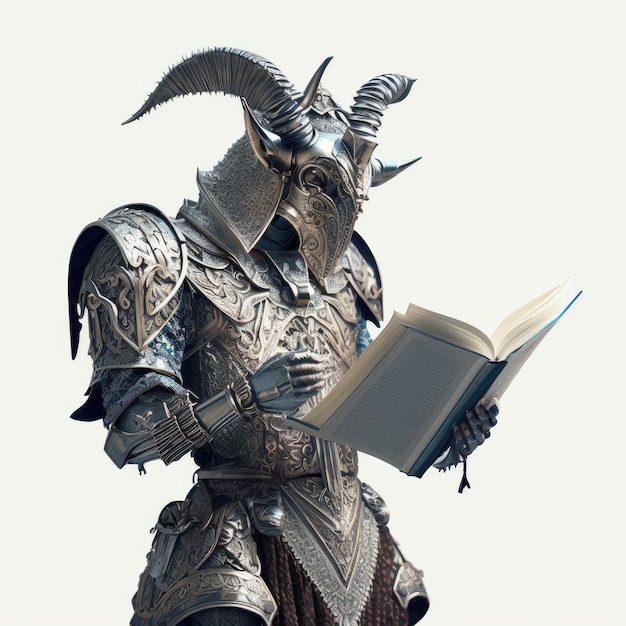 Rycerz z mieczem i rogami czyta książkę.