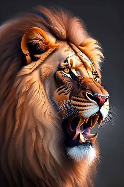 Ryczący dziki lew afrykański Lew na ciemnym tle Grafika cyfrowa