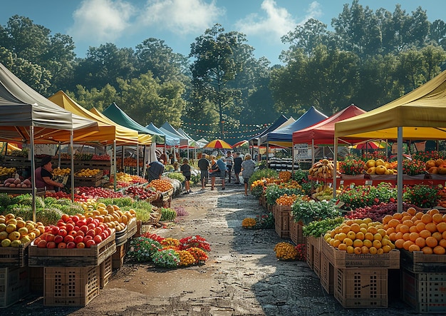 rynek owoców i warzyw z wieloma ludźmi wokół niego