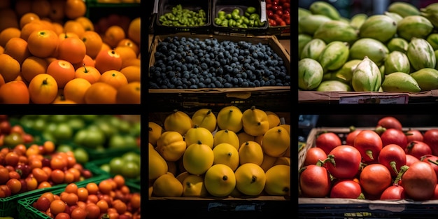 Rynek owoców z różnymi kolorowymi świeżymi owocami i warzywami generowanymi przez sztuczną inteligencję