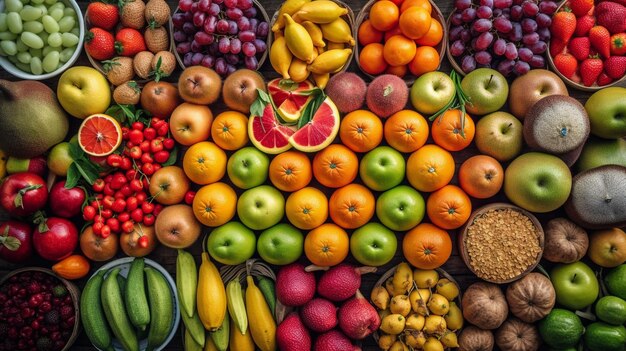 Zdjęcie rynek owocowy z różnorodnymi kolorowymi świeżymi owocami i warzywami
