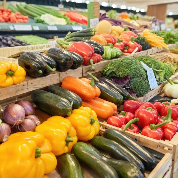 Zdjęcie rynek rolniczy z warzywami, różnorodne kolorowe, świeże, organiczne, zdrowe warzywa w sklepie spożywczym