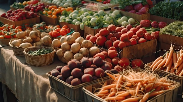 Rynek świeżych produktów na rynku rolników świeże warzywa owoce na lokalnym rynku rolników Generative AI