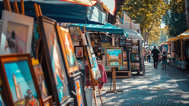 Zdjęcie rynek sztuki na świeżym powietrzu z kolorowymi obrazami na sprzedaż jest wiele obrazów na sprzedaż obrazy są wystawione dla ludzi do kupna