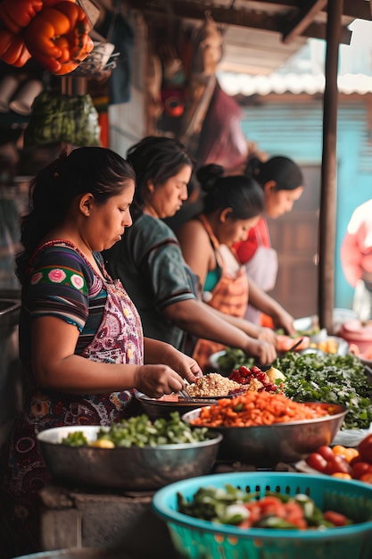 Rynek zachwyca kobiety smakujące autentyczne meksykańskie jedzenie uliczne