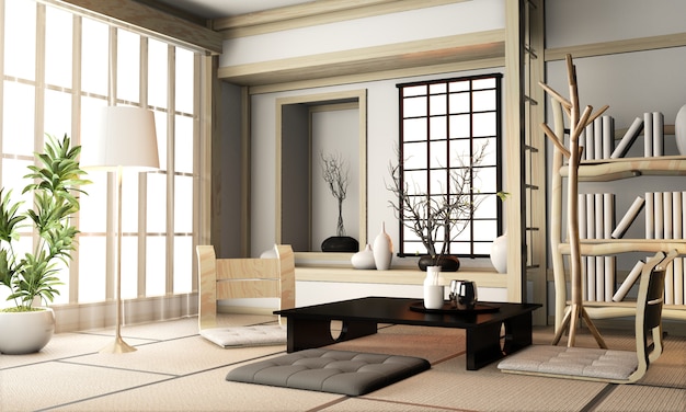 Ryokan salon w japońskim stylu z podłogą i dekoracją z maty tatami